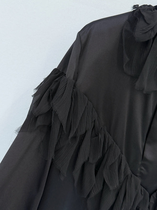 Chanel Ruffle Round Neck Top Black in Silk 209474