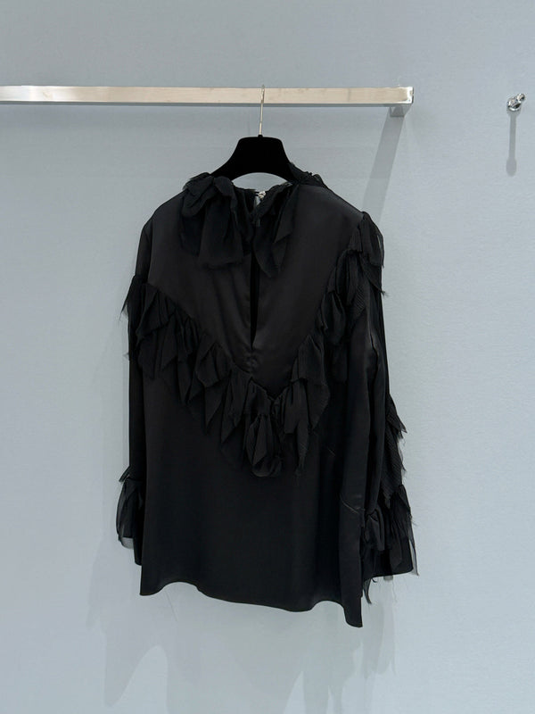 Chanel Ruffle Round Neck Top Black in Silk 209474