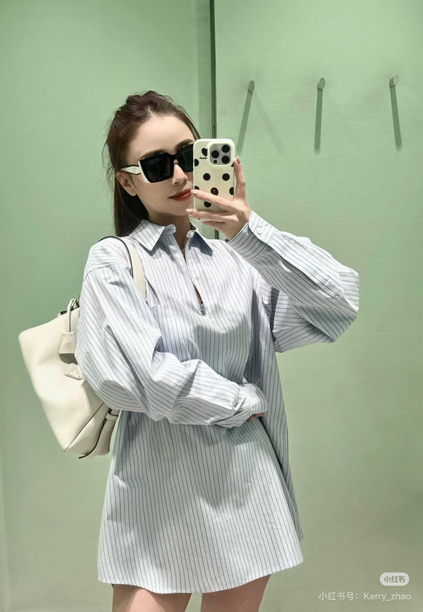 Prada 26 Color-blocked Striped Shirt Blue in Cotton YB 233638
