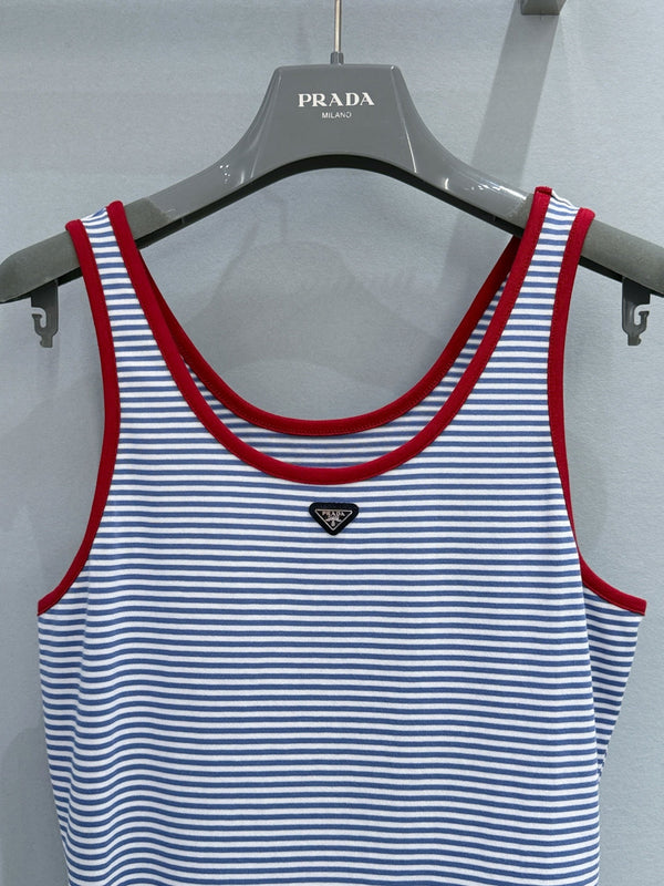 Prada Blue and White Striped Ribbed Vest in Cotton 232392