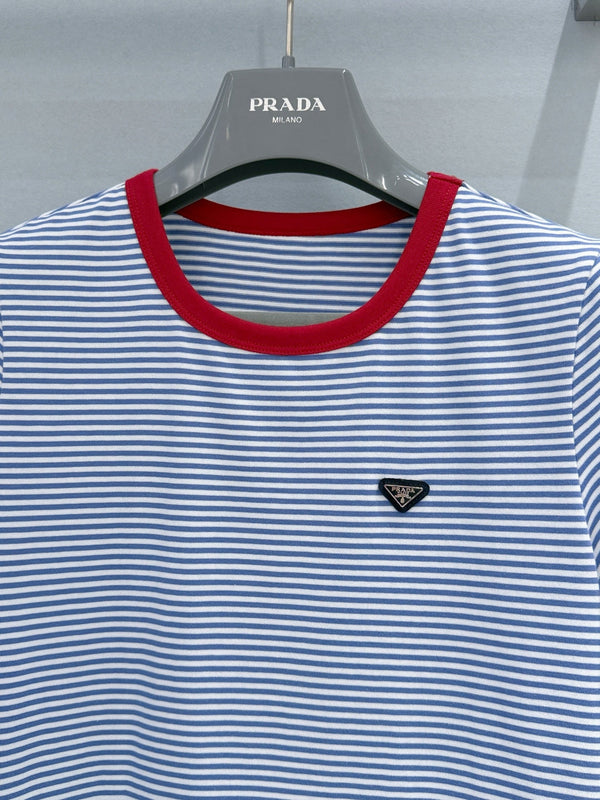 Prada Color-Blocked Short-Sleeve T-Shirt Blue White in Cotton 232384