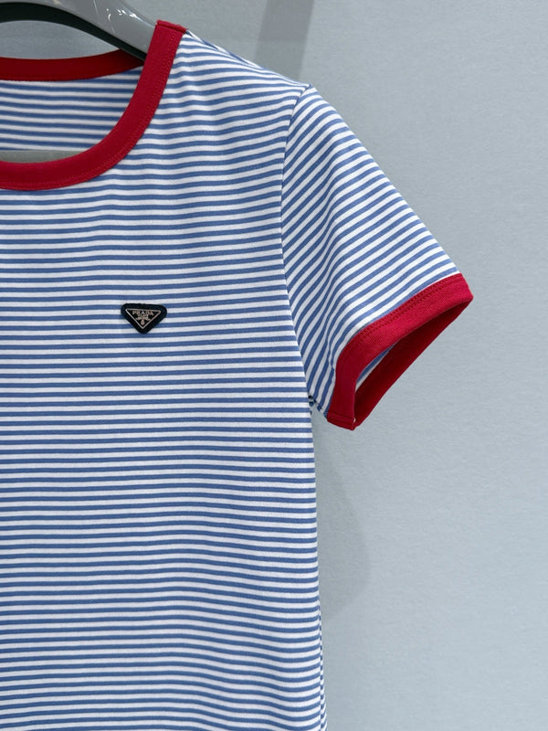 Prada Color-Blocked Short-Sleeve T-Shirt Blue White in Cotton 232384