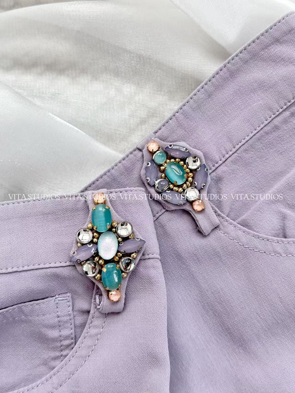 Chanel Rhinestone-Button Waist Trousers Purple in Cotton 236933