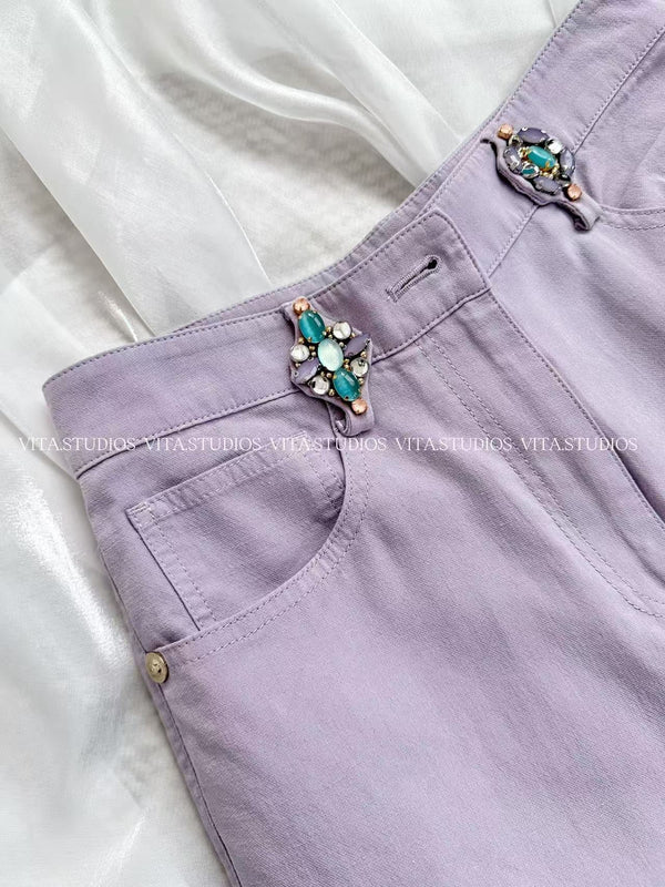 Chanel Rhinestone-Button Waist Trousers Purple in Cotton 236933