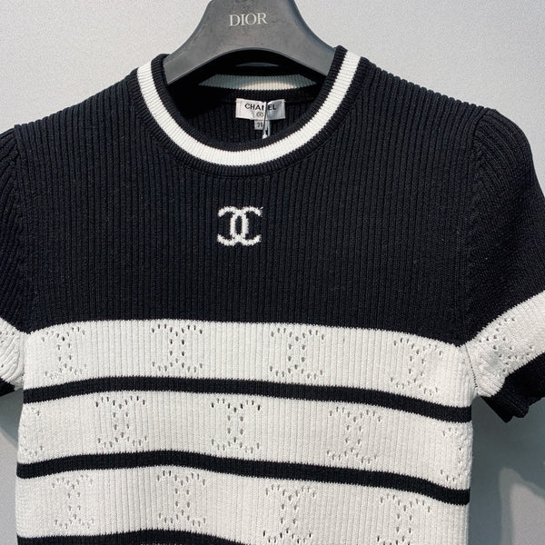 Chanel 26 Striped Knit Short-Sleeve T-Shirt Black White in Tencel 254162