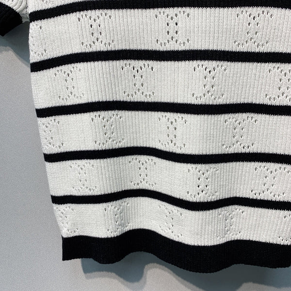 Chanel 26 Striped Knit Short-Sleeve T-Shirt Black White in Tencel 254162