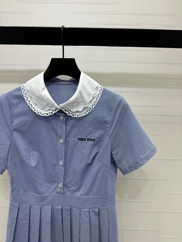 Miu Miu 26 Collar Plaid Dress Blue in Cotton 254539
