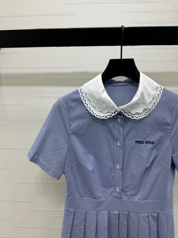 Miu Miu 26 Collar Plaid Dress Blue in Cotton 254539