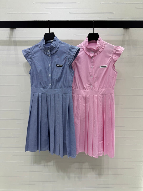 Miu Miu 26 Blue Plaid Pleated Dress with Puffed sleeves Blue in Cotton 254537