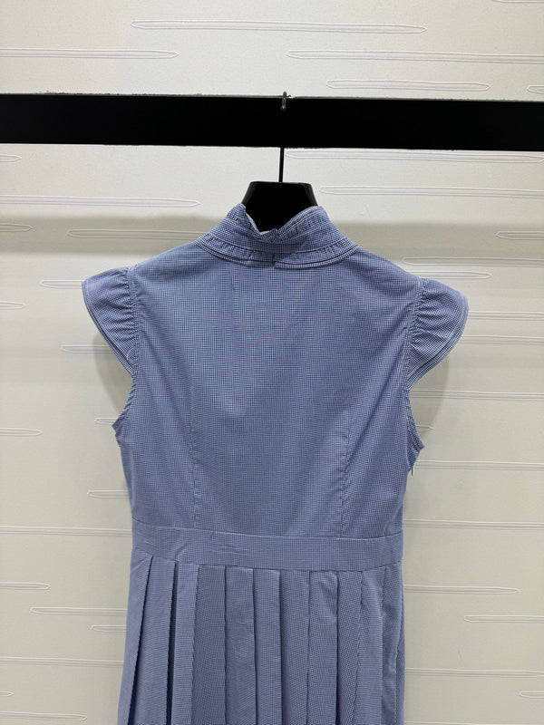 Miu Miu 26 Blue Plaid Pleated Dress with Puffed sleeves Blue in Cotton 254537