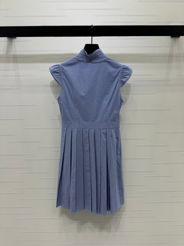 Miu Miu 26 Blue Plaid Pleated Dress with Puffed sleeves Blue in Cotton 254537