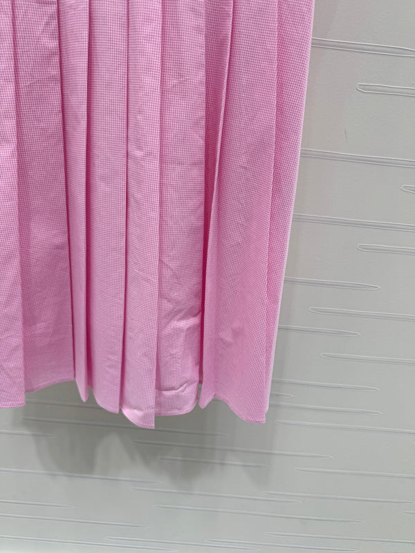 Miu Miu 26 Blue Plaid Pleated Dress with Puffed sleeves Pink in Cotton 254536
