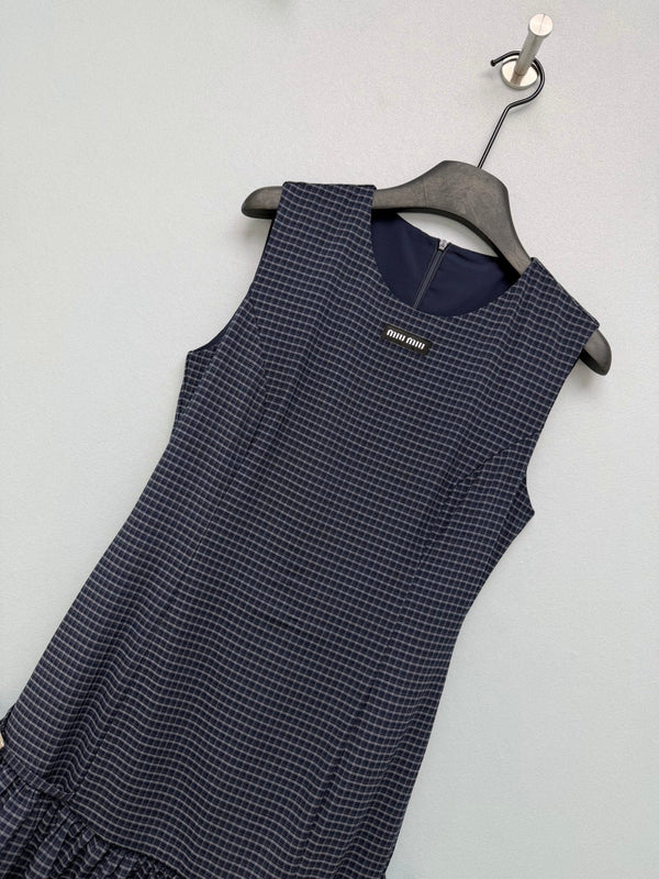 Miu Miu 26 Navy Blue Plaid Ruffle Vest Dress in Polyester 252942