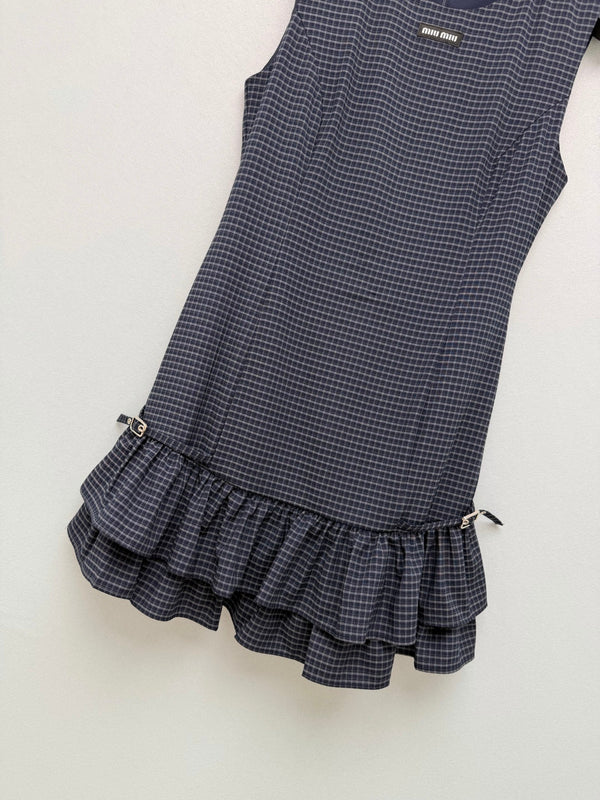 Miu Miu 26 Navy Blue Plaid Ruffle Vest Dress in Polyester 252942