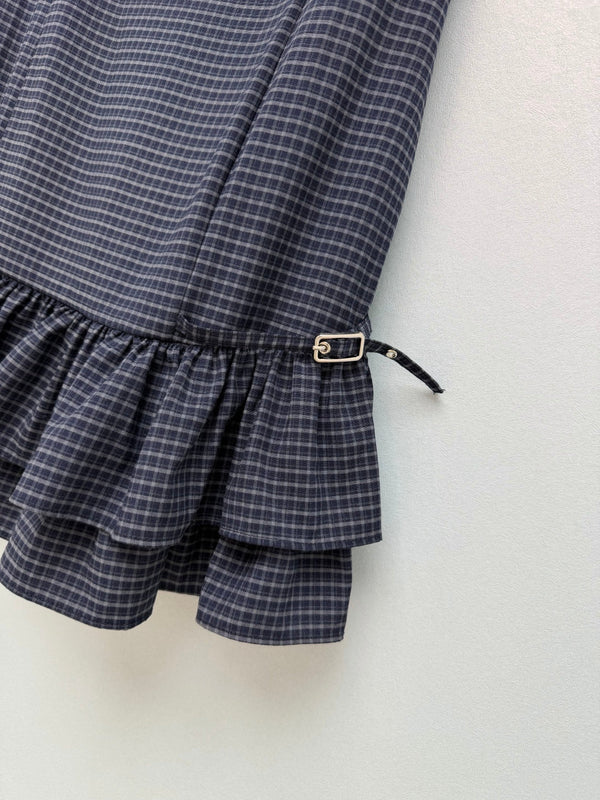 Miu Miu 26 Navy Blue Plaid Ruffle Vest Dress in Polyester 252942