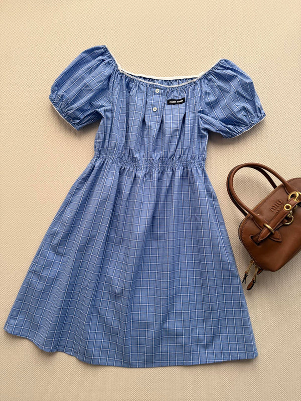 Robe Miu Miu 26 à carreaux bleus et blancs en coton, épaules dénudées 251673