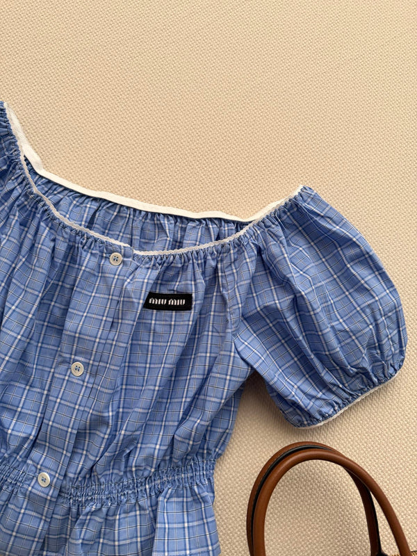 Robe Miu Miu 26 à carreaux bleus et blancs en coton, épaules dénudées 251673