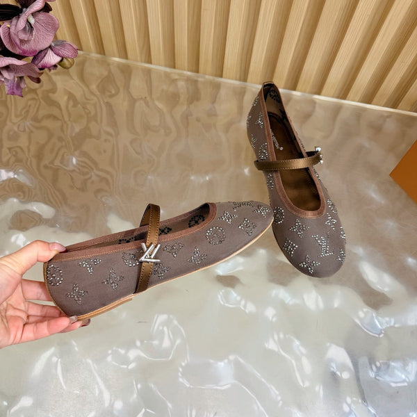 LV Romy Flat Ballerina Brown in Mesh with Rhinestones 703066