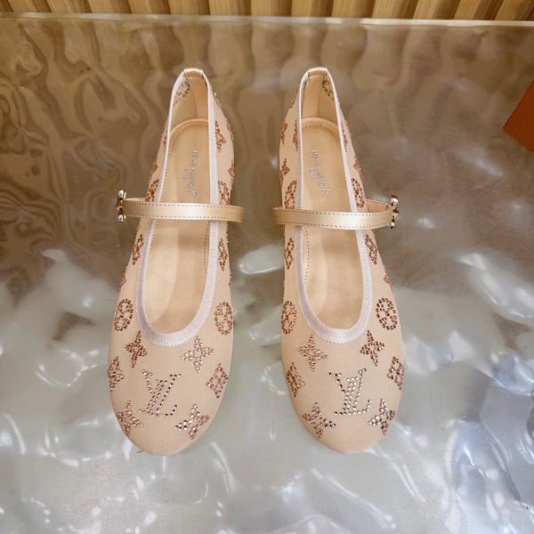 LV Romy Flat Ballerina Beige in Mesh with Rhinestones 703065