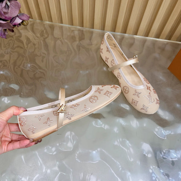 LV Romy Flat Ballerina Beige in Mesh with Rhinestones 703065