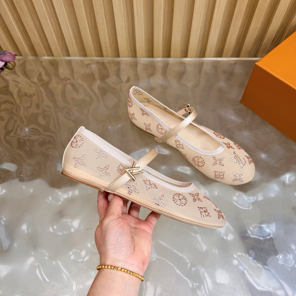 LV Romy Flat Ballerina Beige in Mesh with Rhinestones 703065
