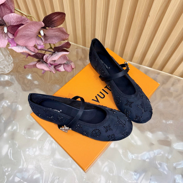 LV Romy Flat Ballerina Black in Mesh with Rhinestones 703063