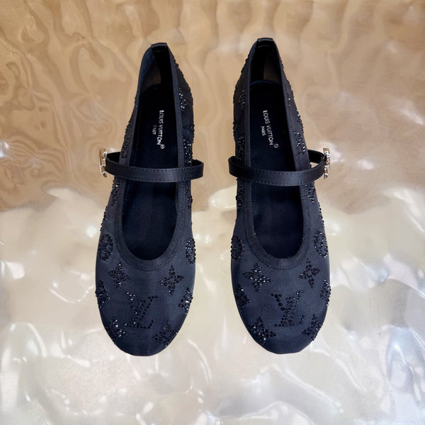 LV Romy Flat Ballerina Black in Mesh with Rhinestones 703063