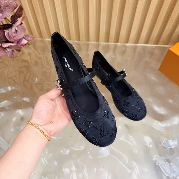 LV Romy Flat Ballerina Black in Mesh with Rhinestones 703063
