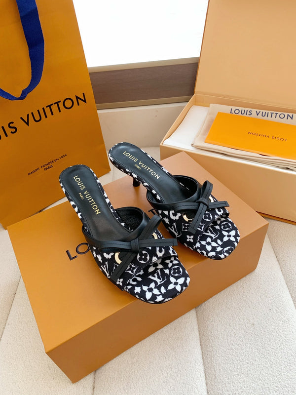 LV 26SS Single Kitten Heel Sandals 55 Black in Cowhide 703050