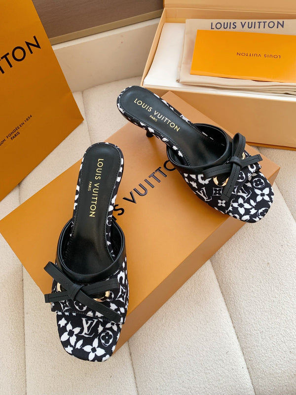 LV 26SS Single Kitten Heel Sandals 55 Black in Cowhide 703050