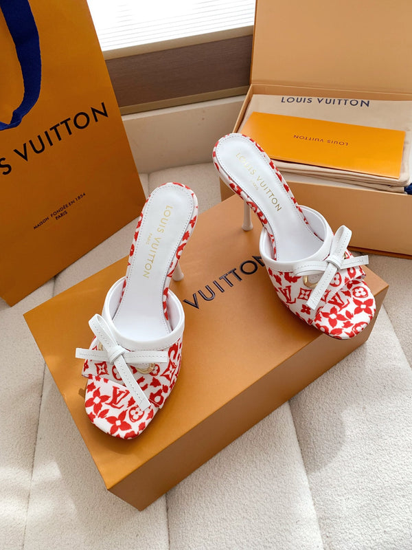 LV 26SS Single Kitten Heel Sandals 105 Red in Cowhide 703049
