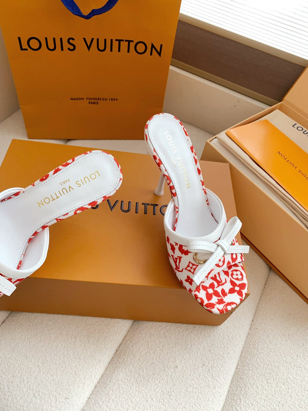 LV 26SS Single Kitten Heel Sandals 105 Red in Cowhide 703049