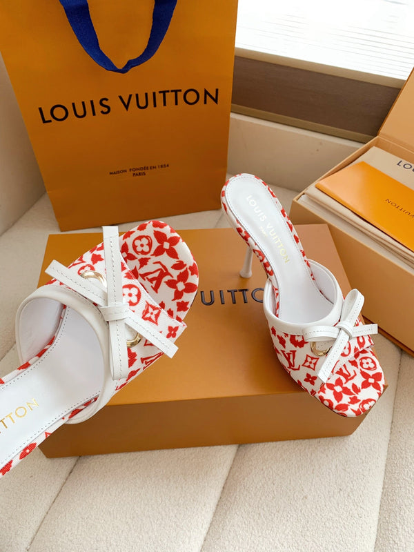 LV 26SS Single Kitten Heel Sandals 105 Red in Cowhide 703049