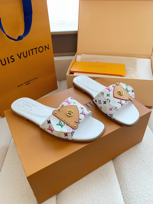 LV x Takashi Murakami Sunset Flat Comfort Sandal White in Cowhide 703038