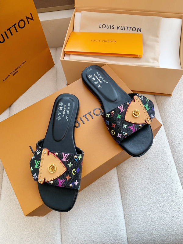 LV x Takashi Murakami Sunset Flat Comfort Sandal Black in Cowhide 703036