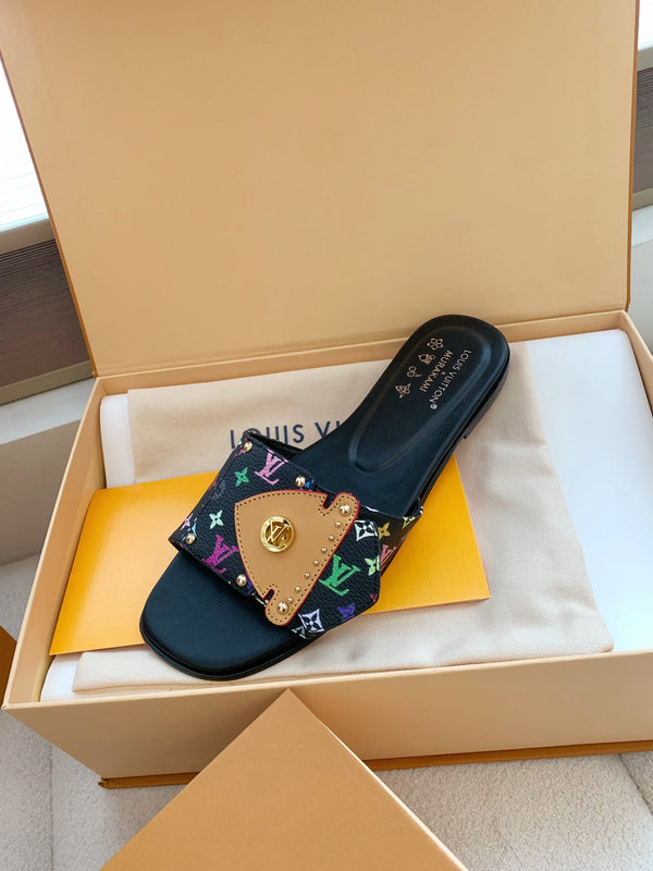 LV x Takashi Murakami Sunset Flat Comfort Sandal Black in Cowhide 703036