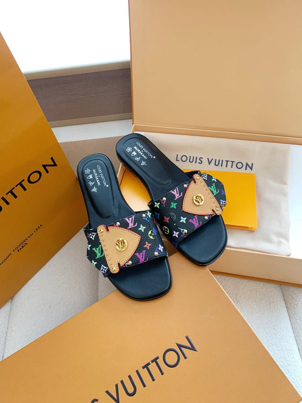 LV x Takashi Murakami Sunset Flat Comfort Sandal Black in Cowhide 703036