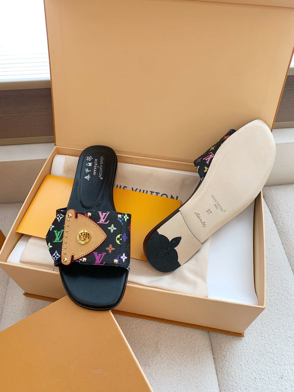 LV x Takashi Murakami Sunset Flat Comfort Sandal Black in Cowhide 703036