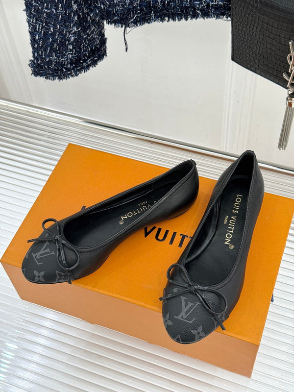 LV Classic Monogram Bow Ballet Flats Black in Lambskin 703032