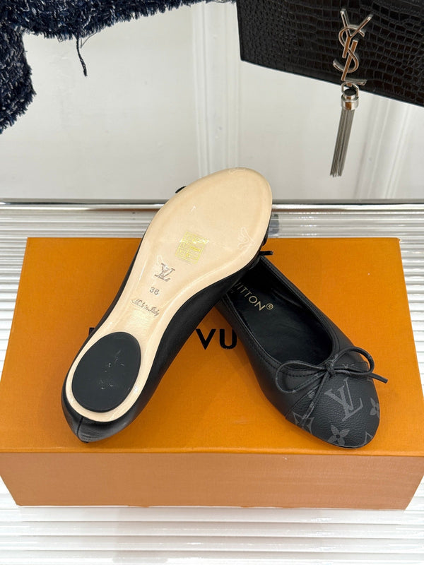 LV Classic Monogram Bow Ballet Flats Black in Lambskin 703032