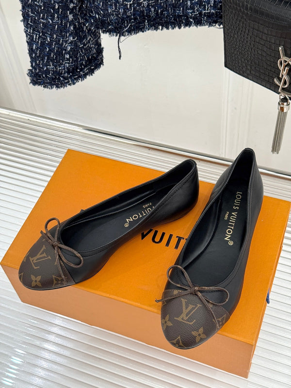 LV Classic Monogram Bow Ballet Flats Black Brown in Lambskin 703031