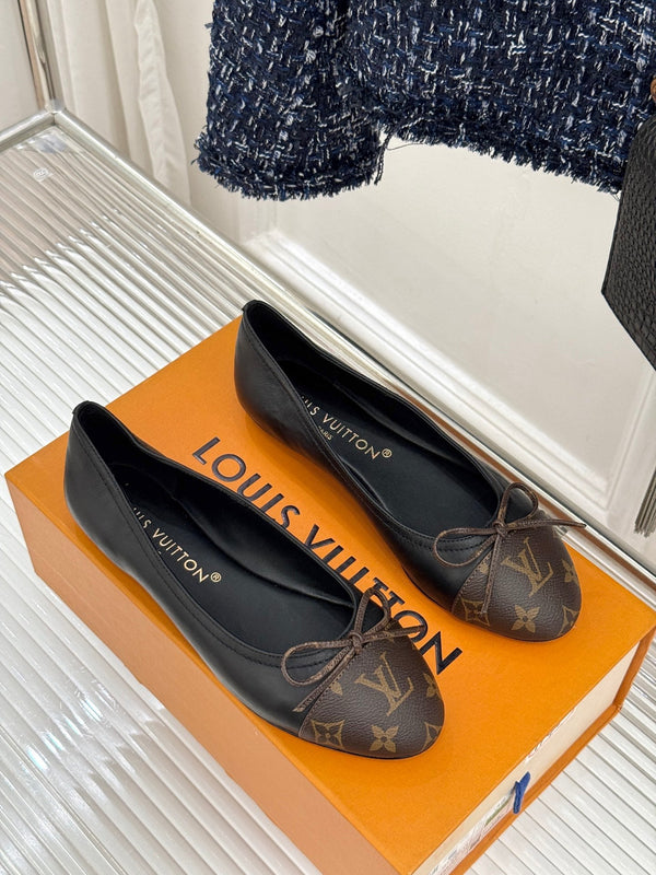 LV Classic Monogram Bow Ballet Flats Black Brown in Lambskin 703031