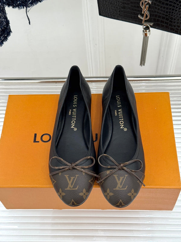 LV Classic Monogram Bow Ballet Flats Black Brown in Lambskin 703031
