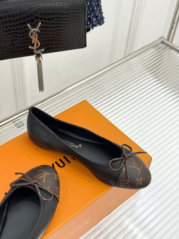 LV Classic Monogram Bow Ballet Flats Black Brown in Lambskin 703031