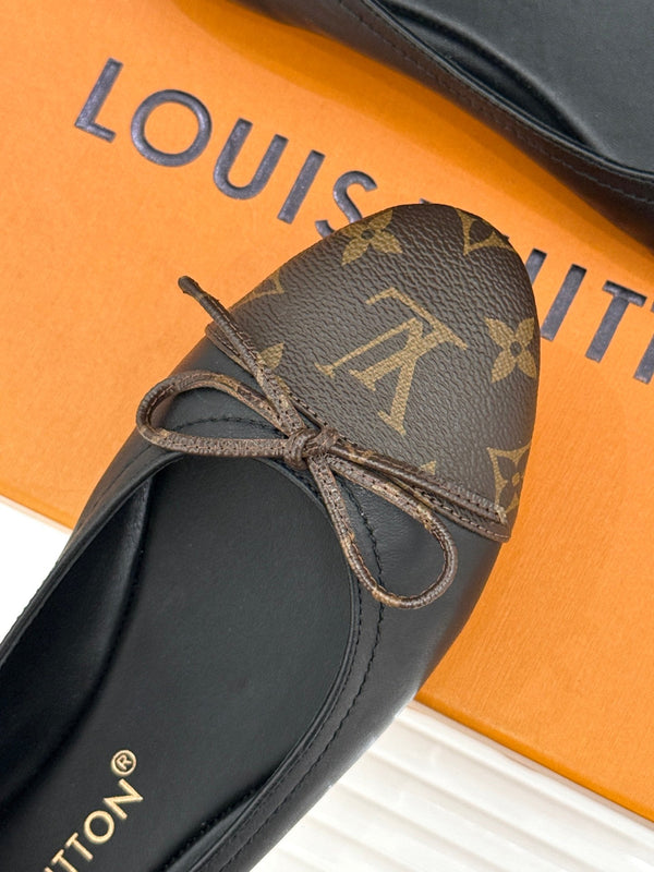 LV Classic Monogram Bow Ballet Flats Black Brown in Lambskin 703031