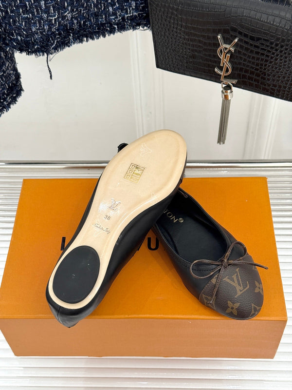 LV Classic Monogram Bow Ballet Flats Black Brown in Lambskin 703031