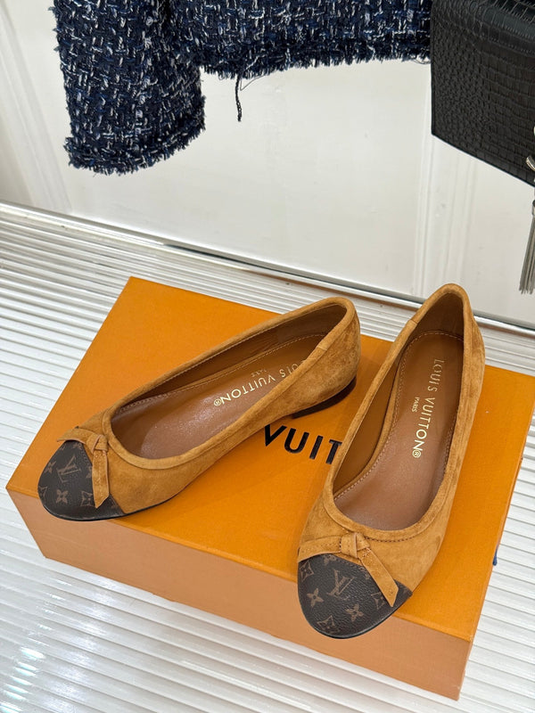 LV Classic Monogram Bow Ballet Flats Brown Black in Suede 703030