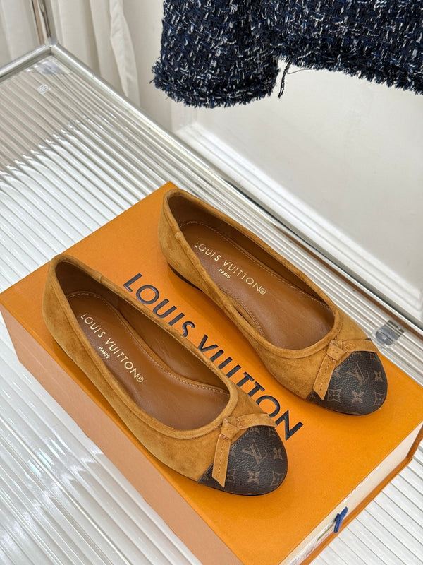 LV Classic Monogram Bow Ballet Flats Brown Black in Suede 703030