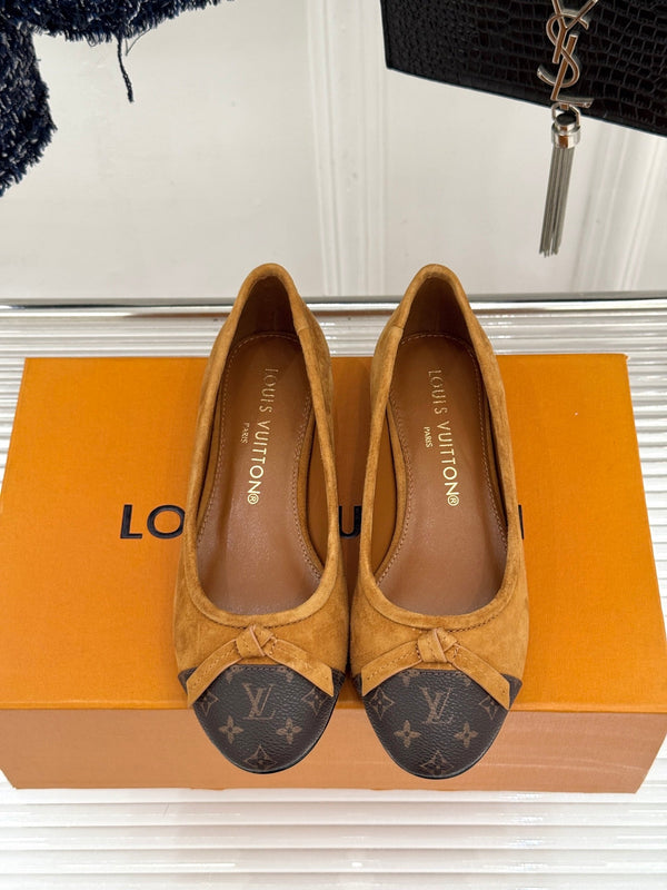 LV Classic Monogram Bow Ballet Flats Brown Black in Suede 703030