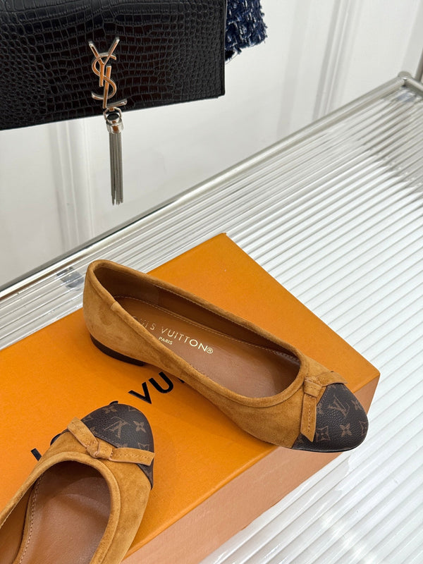 LV Classic Monogram Bow Ballet Flats Brown Black in Suede 703030
